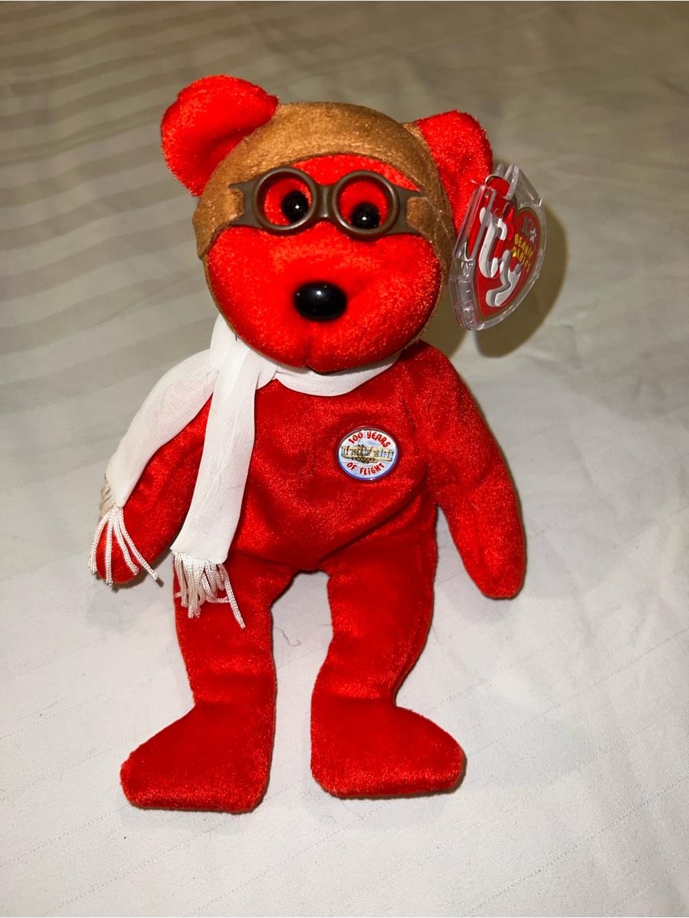 Ty “Bearon” Red Pilot Bear Plush with Brown Aviator Cap and White Scarf